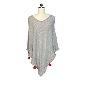 Beryll Light Gray 100% Cashmere Poncho with Pom Poms| OS